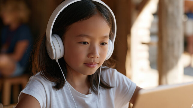 Vietnamese girl seated at a table of a community coding workshop, headphones on, dragging logic blocks across a tablet screen, shallow depth focus isolates her expression of