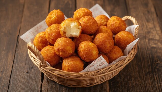 Hot and crunchy fried cheese balls in a basket for a quick snack