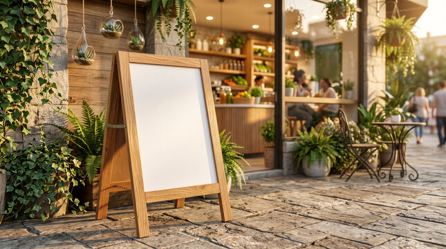 Empty wooden aframe sidewalk sign board standing in front of a cozy cafe with outdoor seating and lush green plants on a sunny day