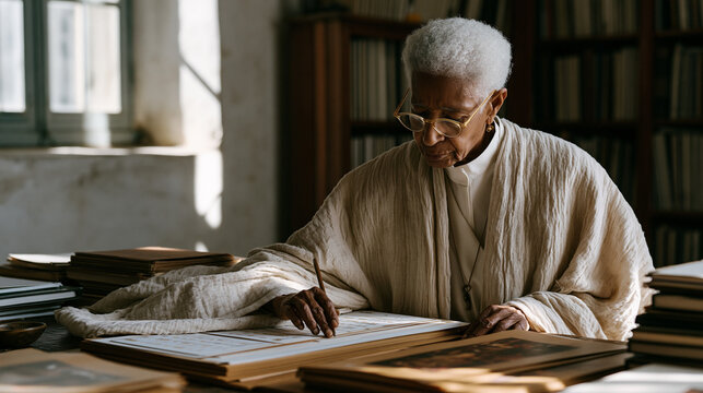Elderly Ethiopian AI training dataset curator in a sunlit archive room carefully selects culturally appropriate photographs for an AI image generation training corpus, her