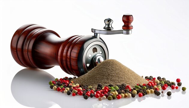 pepper mill grinding colorful peppercorns white background