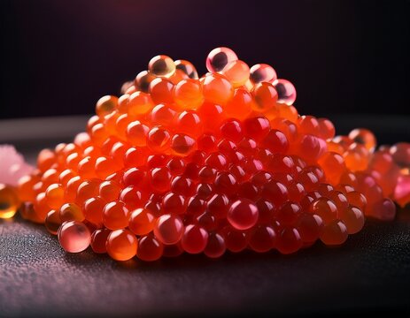 a high end professional culinary art photograph of vibrant orange red pink salmon caviar gorbuscha roe