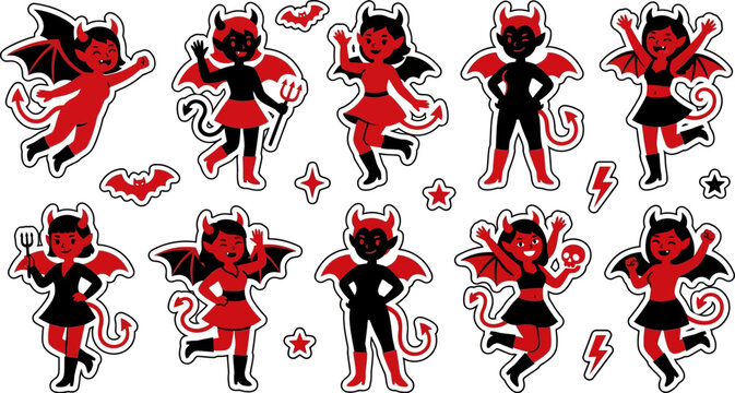Set of cute cartoon devil characters in various poses with red and black colors and Halloween theme