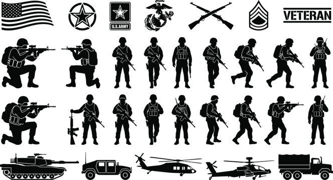 set of military icons with soldiers tanks and vehicles on white background