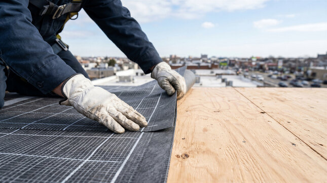 Construction worker installing roofing underlayment on a wooden roof deck during a sunny day