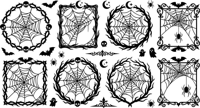 Halloween themed spider web frames and decorations with spiders bats skulls and ghosts  spooky black silhouettes
