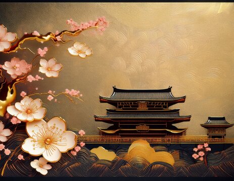 japanese card with a stylized design of an ancient temple intricate golden patterns and a subtle cherry blossom motif on a dark textured background
