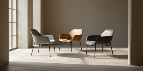 Fototapeta premium Modern arrangement featuring three chairs in a minimalist setting