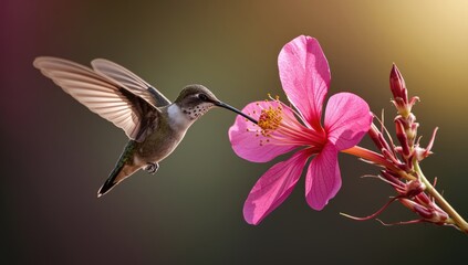 Fototapeta premium Sweet hummingbird hovering to drink nectar from a vibrant pink blossom