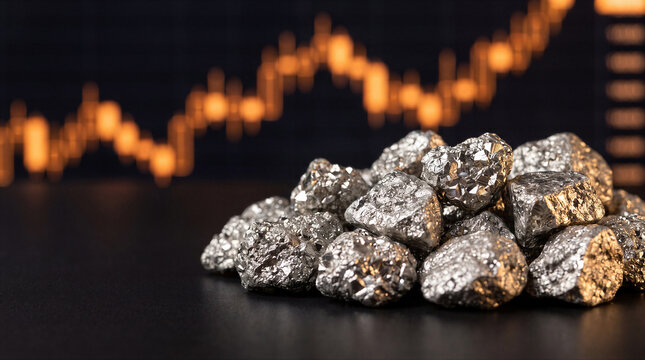 Raw platinum or silver ore nuggets on a dark background with a financial stock market trading chart overlay representing commodity trading