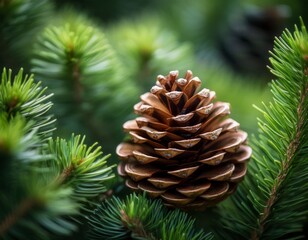 Fototapeta premium a macro shot of a pinecone nestled among verdant evergreen branches highlighting nature s intricate details and the beauty of the natural world during the season