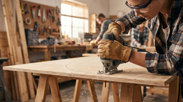 Closeup of a female carpenter wearing safety goggles and leather gloves using a jigsaw to cut a circular shape in a piece of plywood