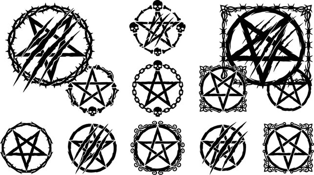 set of black pentagram and pentacles with different shapes and designs on white background