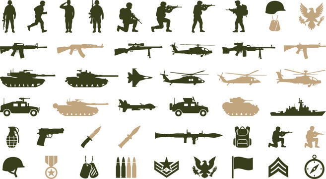 military icons collection with soldiers vehicles weapons and equipment in green and beige colors on white background