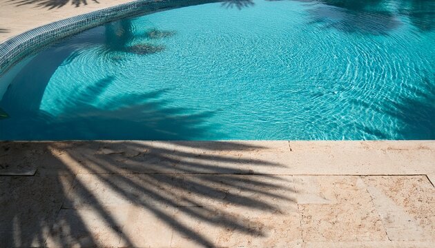 vertical swimming pool top view background water ring and palm shadow on travertine stone