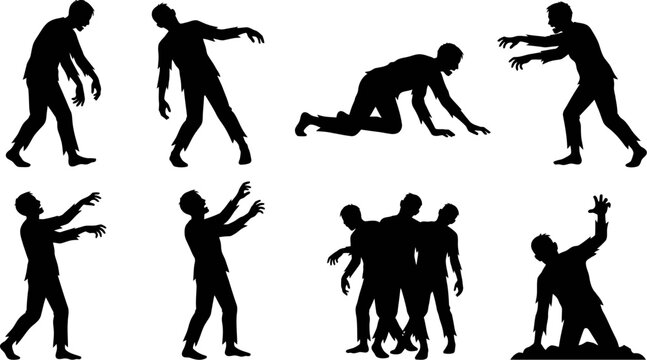 set of zombie silhouettes in various poses on white background