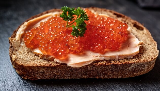 food photograph of fresh salmon caviar gorbuscha roe generously spread over a thick slice of rustic homemade sourdough bread