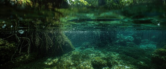 Fototapeta premium Underwater view of rocks and plants in a forest stream
