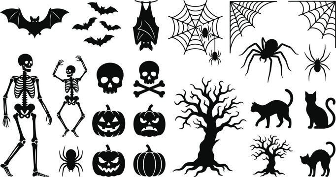 halloween icons set including bats spiders skeletons pumpkins trees cats silhouettes