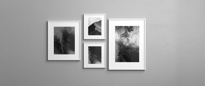 Rectangular picture frames mounted on a neutral grey wall displaying black and white photography