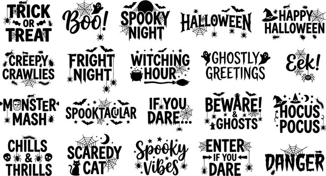 Halloween themed typographic phrases with spooky illustrations  spooky night greetings and creepy crawlies
