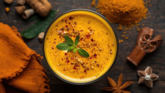 Golden turmeric drink in a glass with spices and herbs