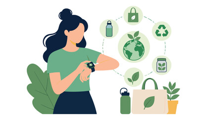 Fototapeta premium Woman Interacting With Eco Icons Representing Sustainability.