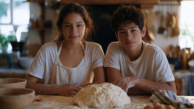 Colombian siblings elbow deep in flour on a kitchen counter, a lopsided birthday cake collapsed mid bake between them, wide view of the disaster zone showing mixing bowls,