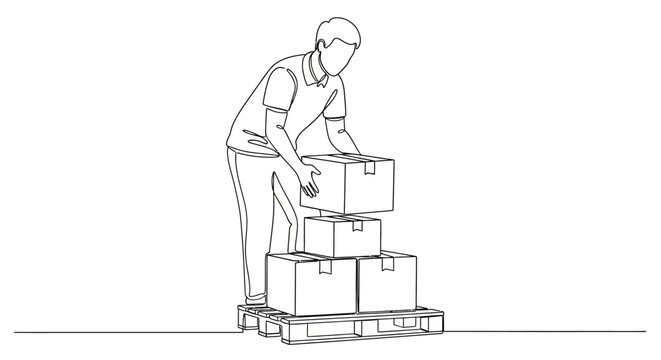 Worker lifting stacked cardboard boxes in warehouse.