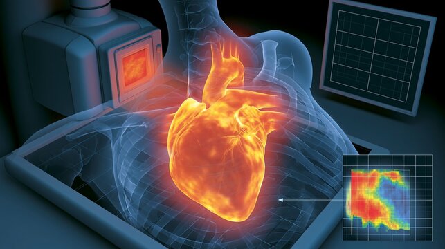 Medical illustration of a technetium-99m cardiac scintigraphy study, showing a glowing heart overlay, gamma camera detector, and color-coded tracer uptake on a dark diagnostic screen, with rib cage