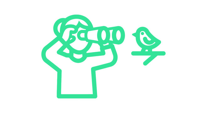 Illustration of person birdwatching with binoculars and bird.