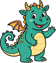 Fototapeta premium Cute cartoon dragon, green smiling creature, fantasy animal, colorful illustration