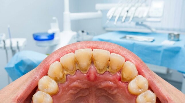 Close up View of Human Teeth with Tartar and Plaque in a Dental Office dirty teeth