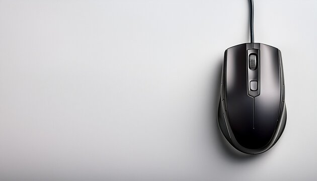 black wired mouse viewed from top on plain white background with copy space