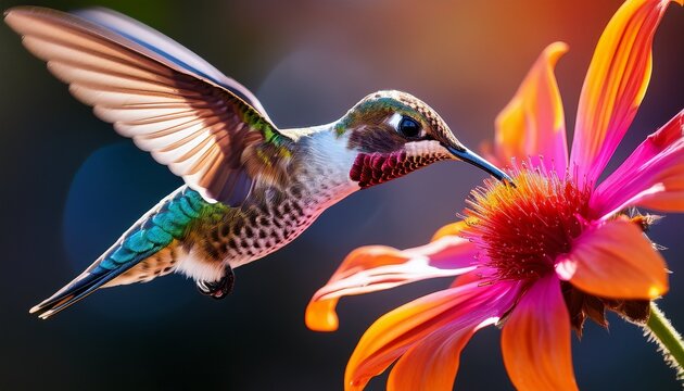 close up macro shot of a hummingbird in mid flight sipping nectar from a vibrant flower nature photography background wallpaper