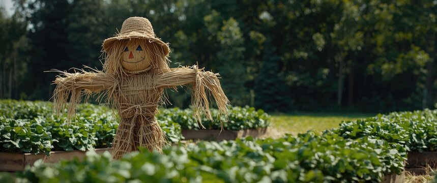 Scarecrow standing in a strawberry field on a farm