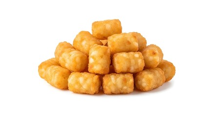 Fototapeta premium Pile of crispy golden fried potato tots arranged in a small heap on white background