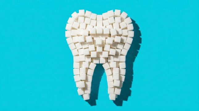 Human Tooth Shape Formed by White Sugar Cubes on Blue Background dirty teeth