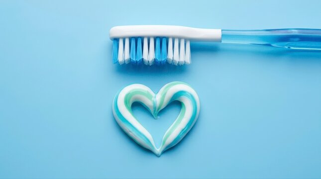 Blue Toothbrush and Heart Shaped Toothpaste on Blue Background dirty teeth