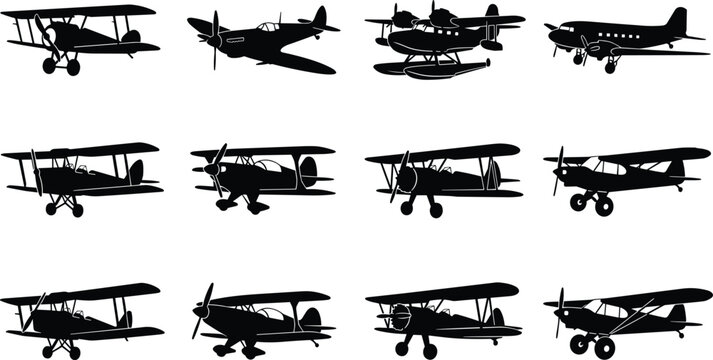 Vintage Airplane Silhouette Collection with Classic Biplane and Propeller Aircraft Vector Set
