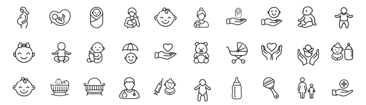 Maternity infant childhood parenting line icons set pram crib fetus teddy pediatrician bottle & more vector illustration with editable stroke