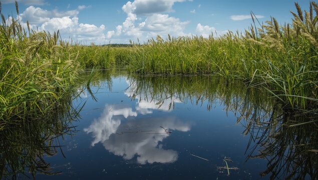 Natural black tar pit with reflective surface surrounded by vibrant wetland grasses