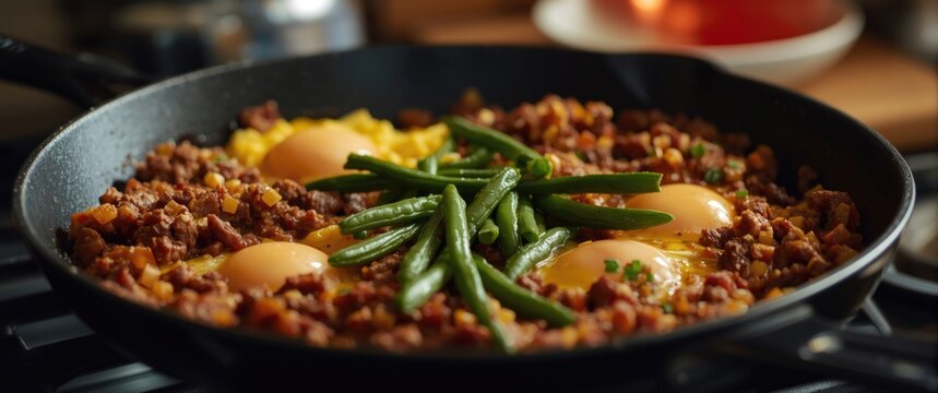 Stove pan filled with a mix of corned beef hash eggs and green beans