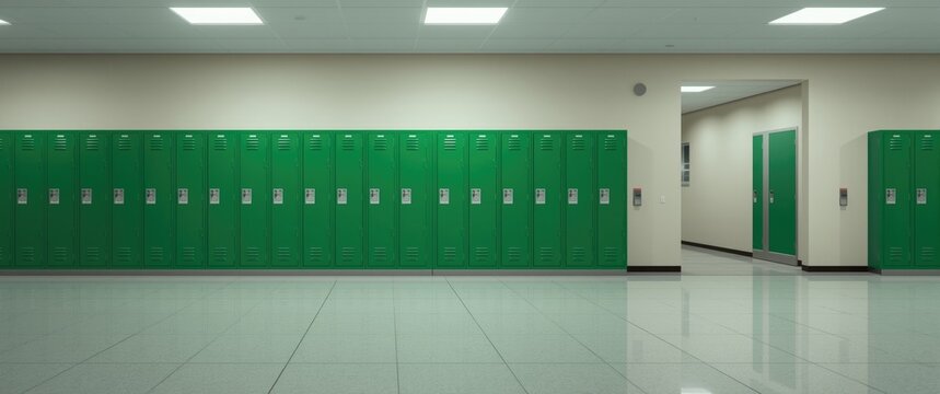 Green school lockers lining a hallway in an educational building