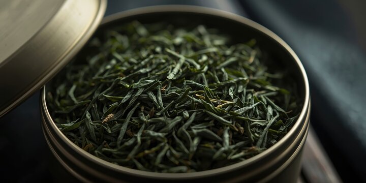 Green tea leaves in a metal tin container