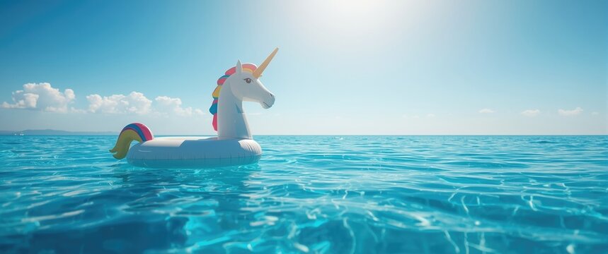 Large inflatable unicorn pool toy floating on clear blue water