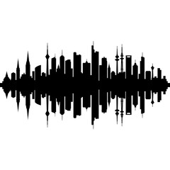 Obraz premium Cityscape sound wave, urban skyline silhouette, audio waveform, black cityscape Halloween