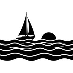 Sailing, sailboat, sea, waves, sunset, black, silhouette, vector, graphic, icon © Azizul