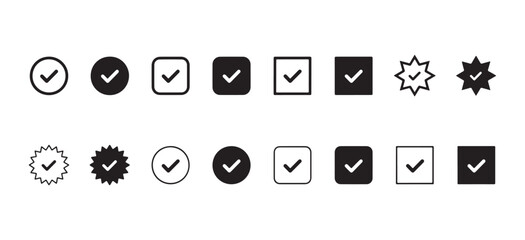 Verification Check Icon Set, Approval Badge Circle Seal and Quality Outline Symbols © Laila