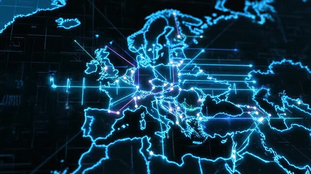 Glowing digital European map with connected nodes and lines on a dark background